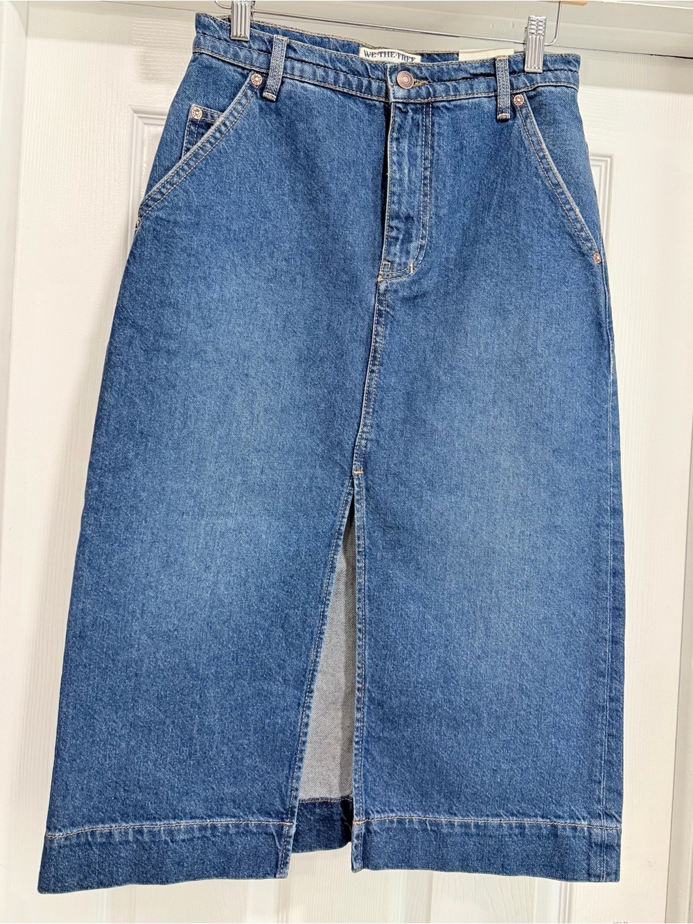 We The Free Classic Blue Denim Midi Skirt with Center Slit